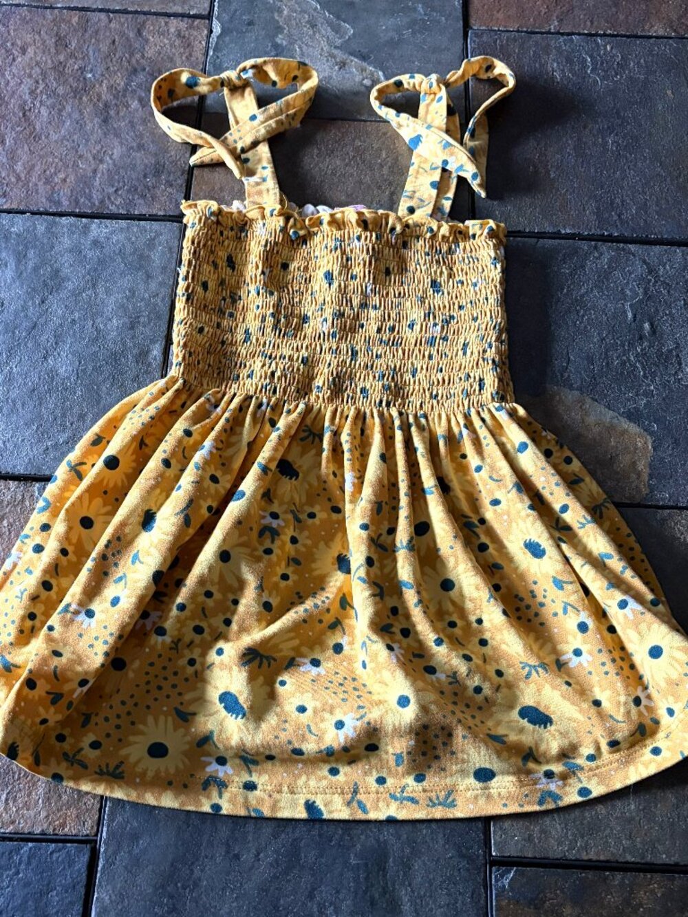 Emma & Elsa girls yellow sunflower sundress smocked tie strap size 7/8
